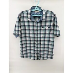 7 Diamonds Mens Plaid Short Sleeve Button Down Shirt Blue Green Paisley Trim L